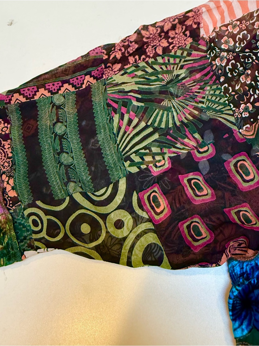 Patchwork Velvet Button-Front Blouse - Green Multi - Picture 3 of 14